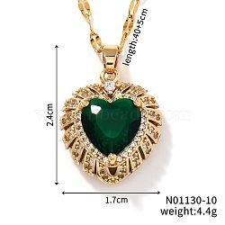 Brass Pave Cubic Zirconia Coffee Bean Chain Cute Heart Pendant Necklaces for Women, Golden, Green, 15.75 inch(40cm)(IG3619-5)