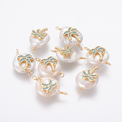 Natural Pearl Links connectors, with Brass Micro Pave Cubic Zirconia Findings, Nuggets with Coconut Tree, Golden, Deep Sky Blue, 21~27x13~16x6~8mm, Hole: 1.6mm(PEAR-F014-02G-D)