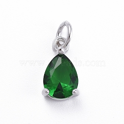 Brass Micro Pave Cubic Zirconia Pendants, with Jump Ring, Teardrop, Platinum, Green, 11.5x6.5x4mm, Hole: 3mm(ZIRC-E164-64P-C)