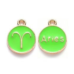 Alloy Enamel Pendants, Cadmium Free & Lead Free, Flat Round with Constellation, Light Gold, Pale Green, Aries, 22x18x2mm, Hole: 1.5mm(ENAM-S124-01A-06A)