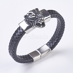 Men's Braided Leather Cord Bracelets, with 304 Stainless Steel Findings and Matte Magnetic Clasps, Tiger Head, Black, 8-1/4 inch~8-5/8 inch(210~220mm)(BJEW-P194-14B)