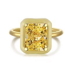 925 Sterling Silver Rings, Birthstone Ring, Real 18K Gold Plated, with Enamel & Cubic Zirconia for Women, Rectangle, Yellow, 1.9mm, US Size 7(17.3mm)(RJEW-A019-43B-03G)