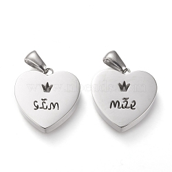 Non-Tarnish 304 Stainless Steel Pendants, Manual Polishing, Heart with Hollow Crown and Word, Stainless Steel Color, 18.5x17.5x3.5mm, Hole: 3x6mm(STAS-F253-12P)