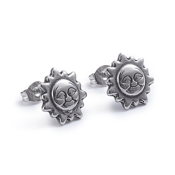 Retro 304 Stainless Steel Stud Earrings, with Ear Nuts, Sun, Antique Silver, 12x12.5mm, Pin: 0.7mm(EJEW-L248-017AS)