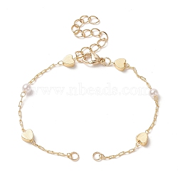 Brass Heart Link Bracelet Making, with Acrylic Imitation Pearl Bead and Lobster Clasp, for Link Bracelet Making, Golden, 6-1/8 inch(15.5cm)(AJEW-JB01150-05)