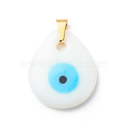 Handmade Lampwork Pendants, with 201 Stainless Steel Findings, Teardrop with Evil Eye, White, 34.5x29.5x5.5mm, Hole: 4x4mm(PALLOY-JF01875-02)