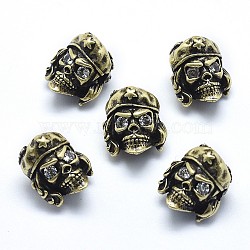 Brass Beads, with Clear Cubic Zirconia, Cadmium Free & Nickel Free & Lead Free, Skull, Antique Golden, 13x12x11mm, Hole: 2mm(KK-J279-51AG-NR)