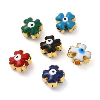 Golden Tone Brass Enamel Beads, Cadmium Free & Lead Free, Long-Lasting Plated, Cross with Evil Eye, Mixed Color, 8x8x6mm, Hole: 1.8mm