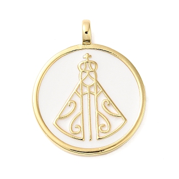 Rack Plating Brass Enamel Pendants, Lead Free & Cadmium Free, Long-Lasting Plated, Real 18K Gold Plated, Flat Round with Religious Virgin Mother Mary, White, 24.5x20x2mm, Hole: 3X2.8mm