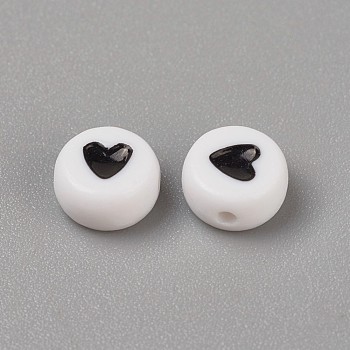Acrylic Enamel Beads, Flat Round with Heart, Black, 6x3.5mm, Hole: 1.5mm