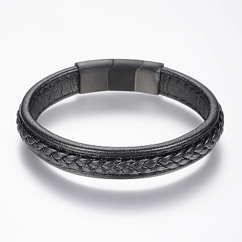 Braided Leather Cord Bracelets, with 304 Stainless Steel Magnetic Clasps, Black, 8-5/8 inch(220mm), 36x13x8mm