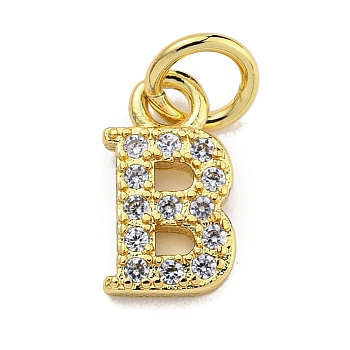 Initial Letter Brass with Cubic Zirconia Charms, Real 18K Gold Plated, Long-Lasting Plated, Lead Free & Cadmium Free, Letter B, 10x5.5x1.5mm, ring: 5x1mm, inner diameter: 3mm