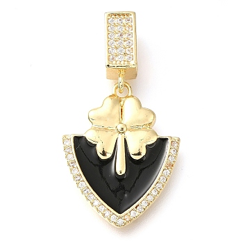 Brass Micro Pave Cubic Zirconia Pendants, with Enamel, Leaf Charms, Black, 33.5x18x3.5mm, Hole: 7x4mm