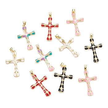 Brass Enamel Pendants, Real 18K Gold Plated, Long-Lasting Plated, Cross, Mixed Color, 32.5x21.5x3.5mm, Hole: 5x3mm