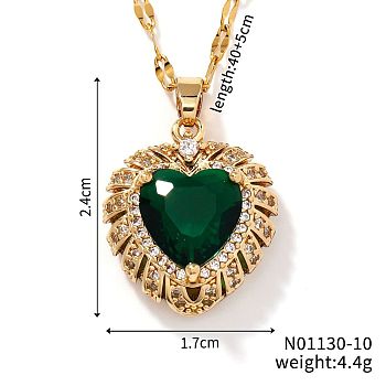 Brass Pave Cubic Zirconia Coffee Bean Chain Cute Heart Pendant Necklaces for Women, Golden, Green, 15.75 inch(40cm)