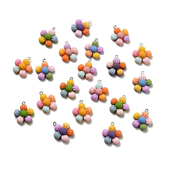 Opaque Resin Pendants, 5-Petal Flower Charm, with Platinum Tone Iron Loops, Mixed Color, 24.5x21.5x7.5mm, Hole: 1.8mm