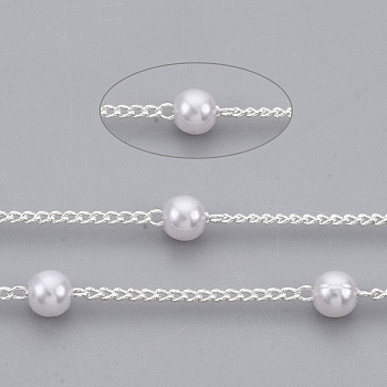 Handmade Brass Chains, with Round ABS Plastic Imitation Pearl Beads, Soldered, with Spool, Creamy White, Silver, 2x1.2x0.4mm, about 39.37 Feet(12m)/roll