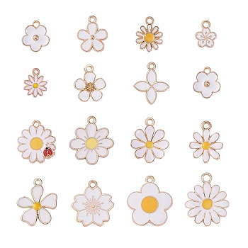 75Pcs 15 Styles Alloy Enamel Pendants, Flower, Light Gold, White, 15~23x11~19x1.5~3mm, Hole: 2mm, 5pcs/styles 