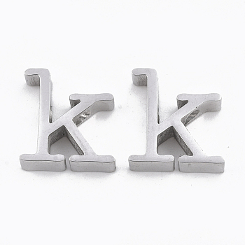 304 Stainless Steel Pendants, Stainless Steel Color, Letter, Letter.K, 13x12x3mm, Hole: 1.8mm