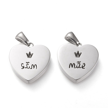304 Stainless Steel Pendants, Manual Polishing, Heart with Hollow Crown and Word, Stainless Steel Color, 18.5x17.5x3.5mm, Hole: 3x6mm