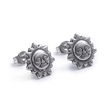 Retro 304 Stainless Steel Stud Earrings, with Ear Nuts, Sun, Antique Silver, 12x12.5mm, Pin: 0.7mm