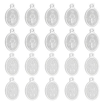 20Pcs Ion Plating(IP) 304 Stainless Steel Charms, Laser Cut, Oval with Virgin Mary, Stainless Steel Color, 14.5x9x0.6mm, Hole: 1.2mm
