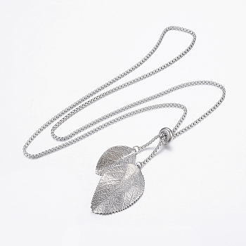 Adjustable 304 Stainless Steel Lariat Necklaces, Slider Necklaces, Leaf, Stainless Steel Color, 25.5 inch(65cm)