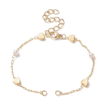 Brass Heart Link Bracelet Making, with Acrylic Imitation Pearl Bead and Lobster Clasp, for Link Bracelet Making, Golden, 6-1/8 inch(15.5cm)