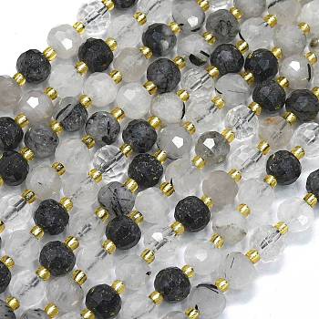 Natural Black Rutilated Quartz Strands, with Seed Beads, Faceted, Lantern, 8~8.5x6.5~7mm, Hole: 0.6mm, about 44pcs/strand, 15.16 inch(38.5cm)