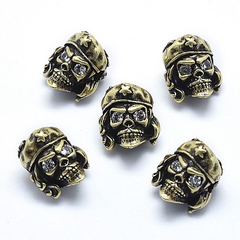 Brass Beads, with Clear Cubic Zirconia, Cadmium Free & Nickel Free & Lead Free, Skull, Antique Golden, 13x12x11mm, Hole: 2mm