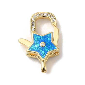 Rack Plating Brass Micro Pave Cubic Zirconia lobster Claw Clasps, with Synthetic Opal, Cadmium Free & Lead Free, Long-Lasting Plated, Real 18K Gold Plated, Star, Dodger Blue, 22x13.5x6mm, Hole: 4.5x1.5mm