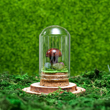 Glass Dome Cover with Natural Mahogany Obsidian Mushroom Inside, Cloche Bell Jar Terrarium with Cork Base, Micro Landscape Garden Decoration Accessories, 30x55mm