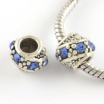 Barrel Antique Silver Plated Metal Alloy Rhinestone European Beads, Large Hole Beads, Light Sapphire, 10~11x9mm, Hole: 5mm
