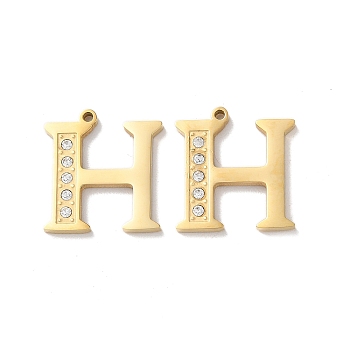 Real 14K Gold Plated 304 Stainless Steel Pendants, with Rhinestone, Letter H, 18x16.5x2mm, Hole: 1.2mm