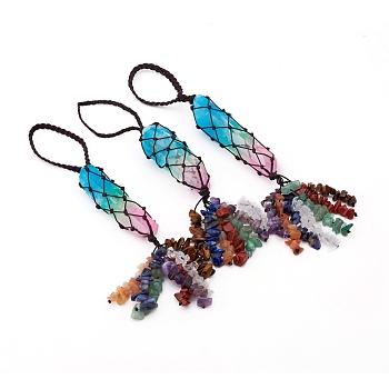 Electroplate Quartz Crystal Tassels Pendants, Handmade Woven Pendants, Gradient Style, with Nylon Cord and Mixed Gemstone Chips, Colorful, 20~22cm