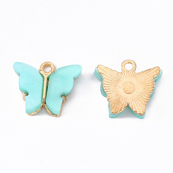 Alloy Acrylic Pendants, Butterfly, Light Gold, Cyan, 14x16.5x3mm, Hole: 1.6mm