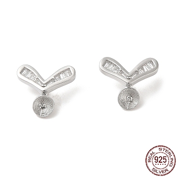 Rhodium Plated 925 Sterling Silver Stud Earring Findings, with Cubic Zirconia, Heart, for Half Drilled Beads, Real Platinum Plated, 12.5x14x2mm, Pin: 0.7mm
