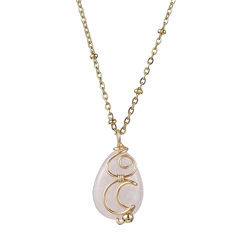 Natural Rose Quartz with Brass Pendants Necklaces, Teardrop, 18.11 inch(46cm)