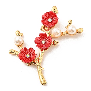 Zinc Alloy Cabochons, with Plastic Imitation Pearls and Rhinestones, Flower Branch, Red, 53x48.5x7.6mm