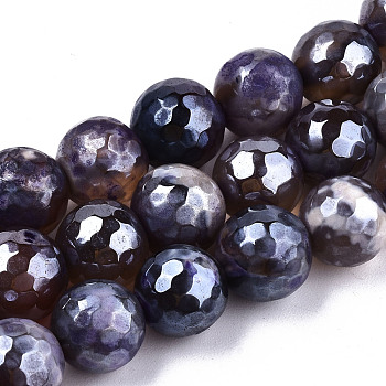 Electroplate Natural Agate Beads Strands, Dyed, Faceted, Pearl Luster Plated, Round, Medium Purple, 10.5mm, Hole: 1.2mm, about 36~37pcs/strand, 14.37 inch~14.57 inch(36.5cm~37cm)