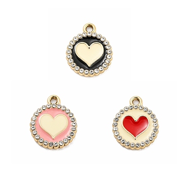 UV Plating Golden Alloy Enamel Pendants, with Crystal Rhinestone, Flat Round with Heart Charms, Mixed Color, 20x16.5x2.5mm, Hole: 2mm