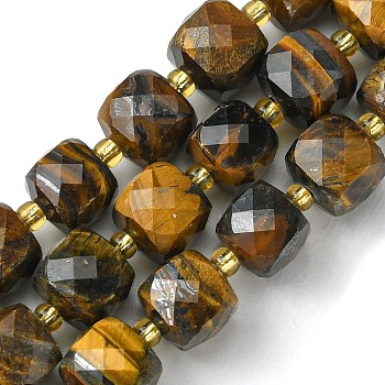 Natural Tiger Eye Beads Strands, with Seed Beads, Faceted Cube, 8~9x8~9x8~9mm, Hole: 0.9~1mm, about 35~39pcs/strand, 14.80''~15.16''(37.6~38.5cm)