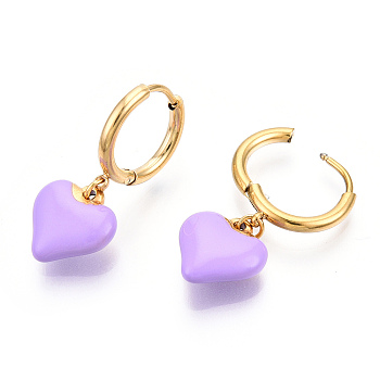 Enamel Heart Dangle Hoop Earrings, Real 18K Gold Plated 304 Stainless Steel Jewelry for Women, Nickel Free, Medium Orchid, 28x11.5mm, Pin: 1mm