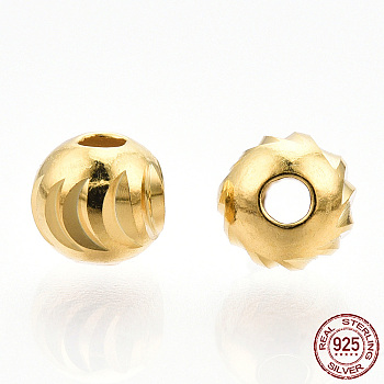 925 Sterling Silver Beads, Grooved Round, Nickel Free, Real 18K Gold Plated, 4x3.8mm, Hole: 1.2mm
