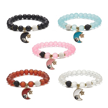 Frosted Glass Bead Stretch Bracelets, Alloy Enamel Moon & Star with Yin Yang Charm Bracelets for Women, Mixed Color, Inner Diameter: 2-1/8 inch(5.3cm)