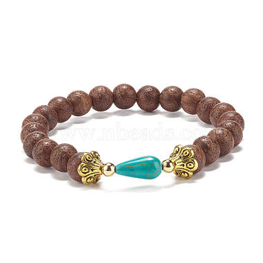 Natural Wood Round Beaded Stretch Bracelet with Synthetic Turquoise Teardrop(BJEW-JB07992)-4