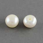Grade AAA Natural Cultured Freshwater Pearl Beads, Half Drilled, Flat Round, White, 6~6.5x5mm, Half Hole: 1mm(X-PEAR-R008-6-6.5mm-01)