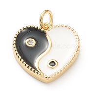 Brass Micro Pave Cubic Zirconia Pendants, with Enamel, Long-Lasting Plated, Real 18K Gold Plated, Heart with Yin Yang, Black, 15x15x2.5mm, Hole: 3mm(ZIRC-P200-13C-G)
