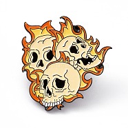 Skull with Flame Enamel Pin, Electrophoresis Black Alloy Punk Brooch for Backpack Clothes, Dark Orange, 30x29x2mm, Pin: 1.2mm(JEWB-A005-18-03)