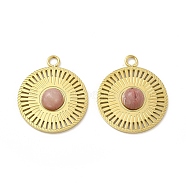 Natural Rhodonite Pendants, Flat Round Charms, with Vacuum Plating Real 18K Gold Plated 201 Stainless Steel Findings, 18.5x15.5x3mm, Hole: 1.8mm(STAS-J401-VC662)